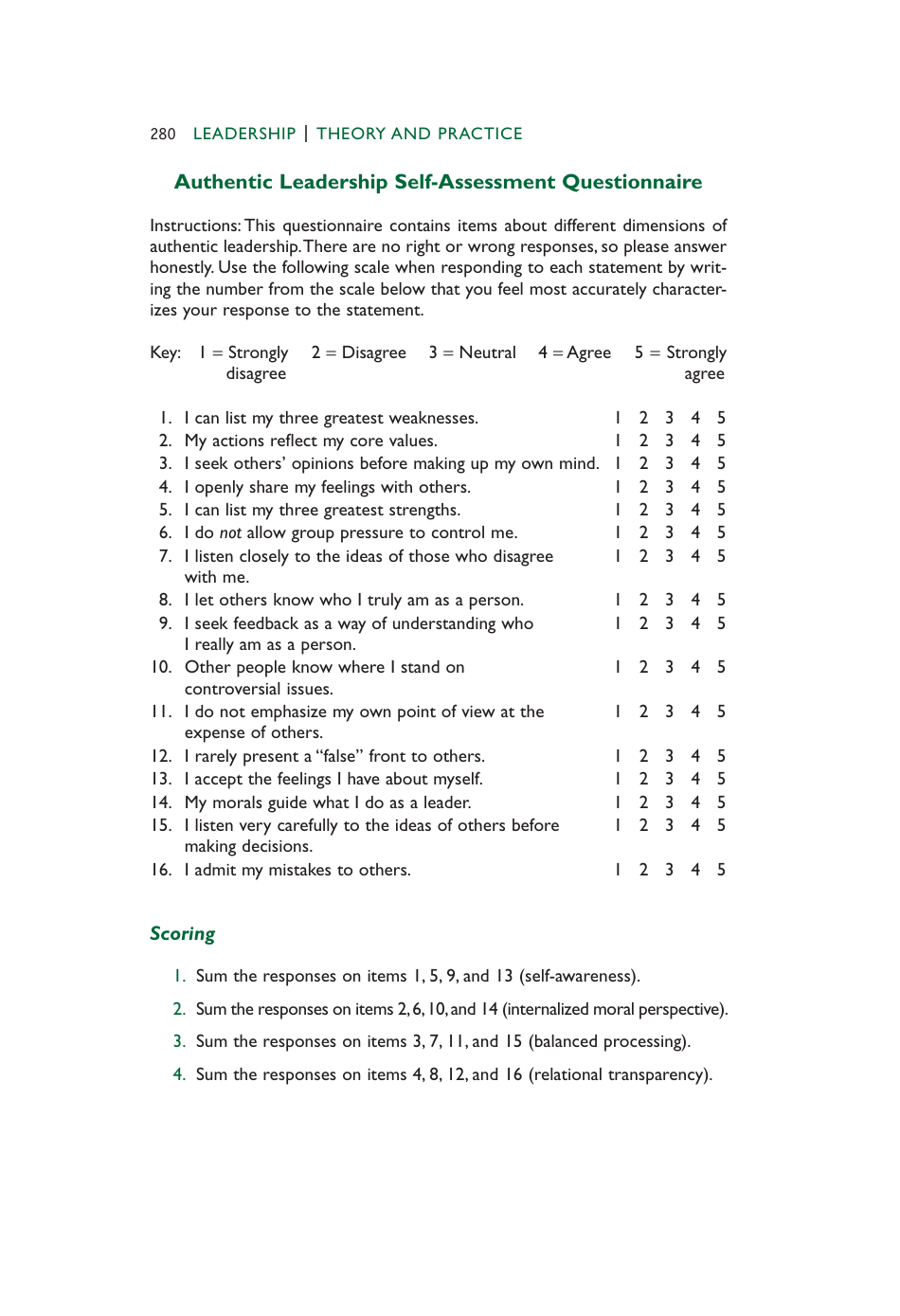 Authentic Leadership Self-assessment Questionnaire Form, Page 1