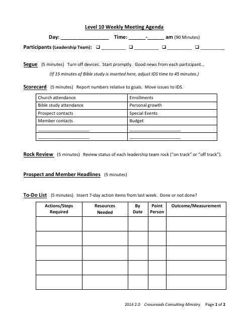 &quot;Level 10 Bible Study Weekly Meeting Agenda Template&quot; - Wisconsin Download Pdf
