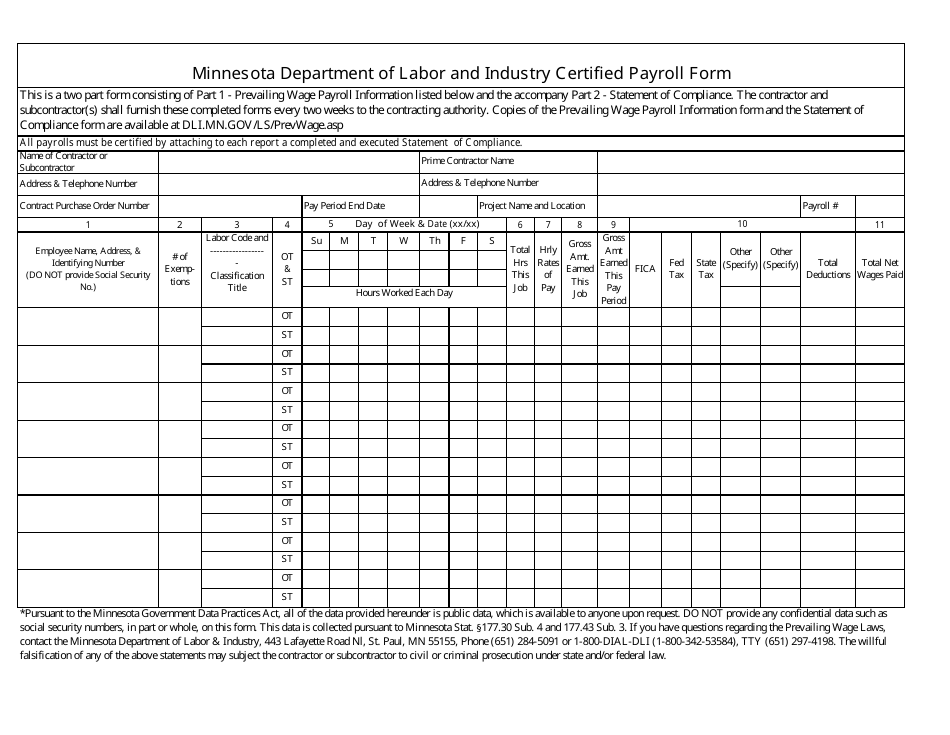 Certified Payroll Form - Minnesota, Page 1