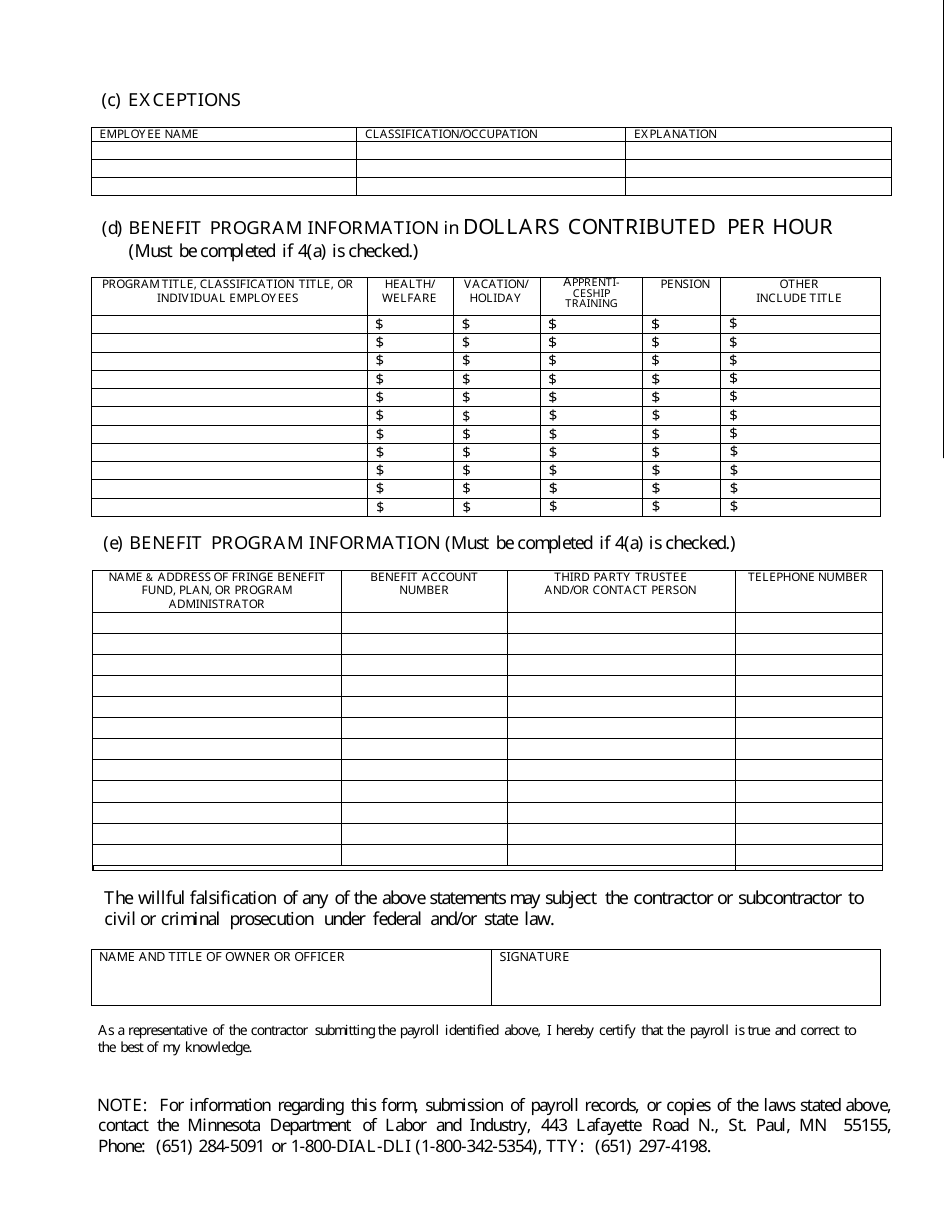Certified Payroll Form - Minnesota, Page 3