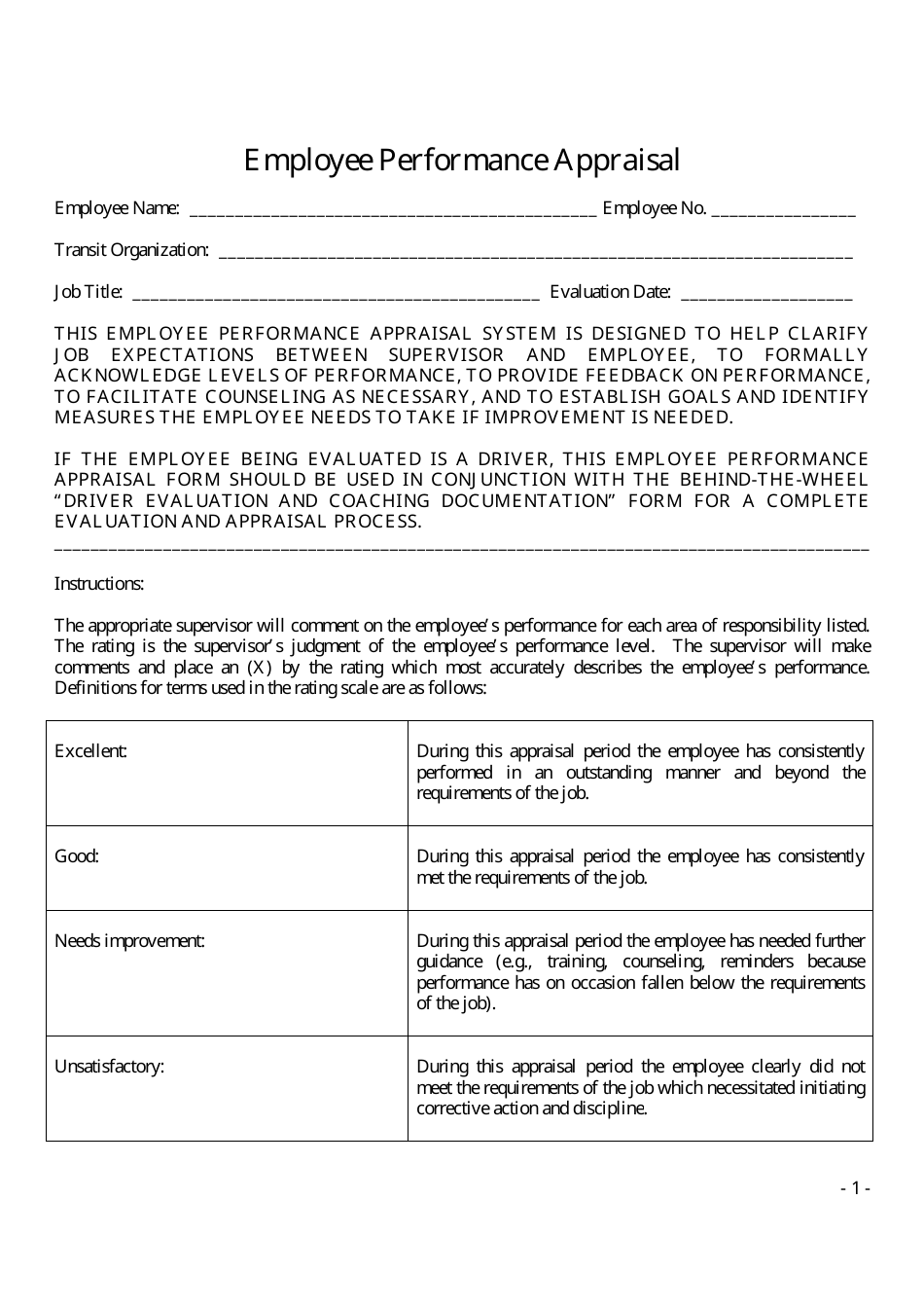 Employee Performance Appraisal Form - Big Table, Page 1