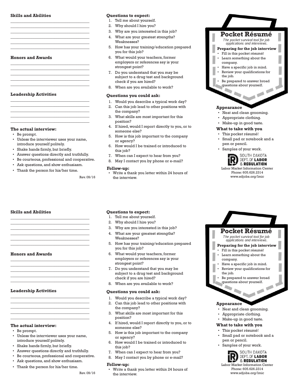 Pocket Resume Template - South Dakota, Page 1