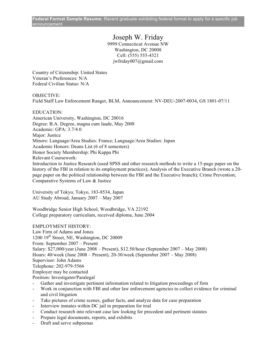 Sample Federal Format Resume, Page 1