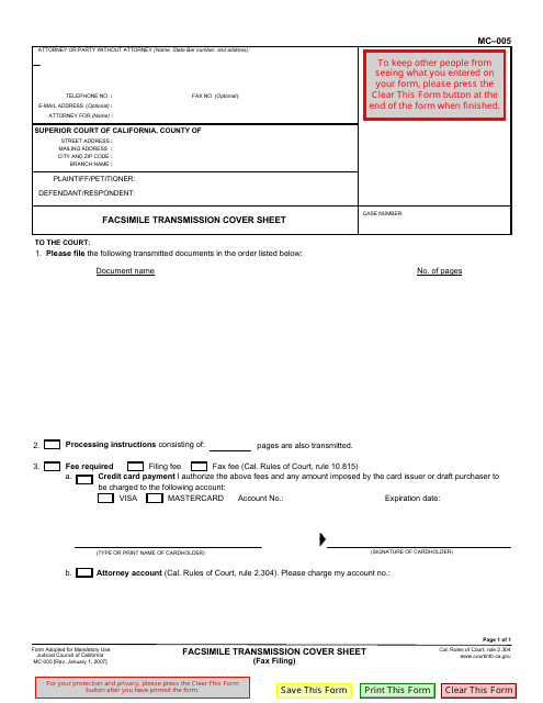 Form MC-005 Credit Card Fax Cover Sheet - California