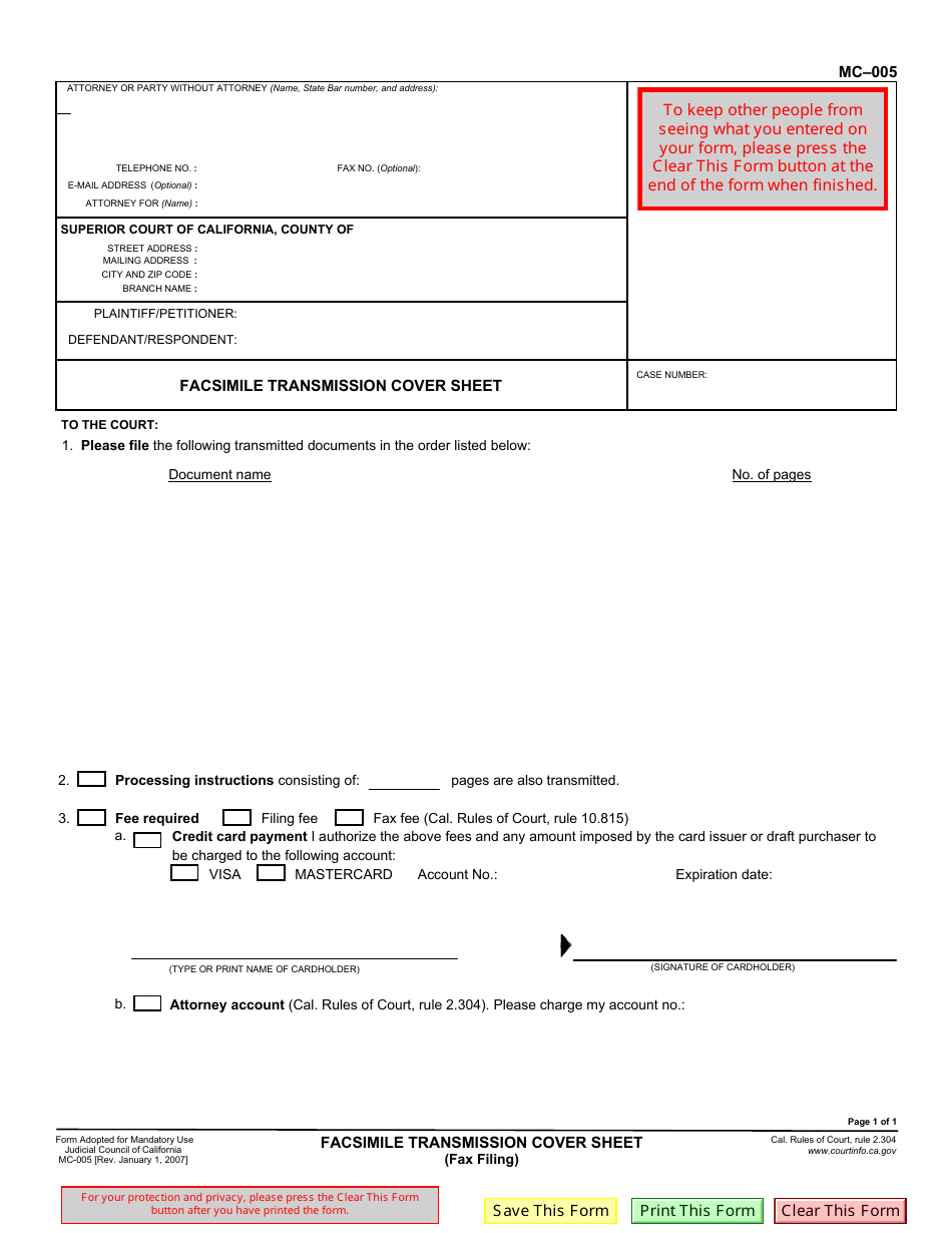 Form MC-005 Download Fillable PDF or Fill Online Credit Card Fax Cover Sns-Brigh10