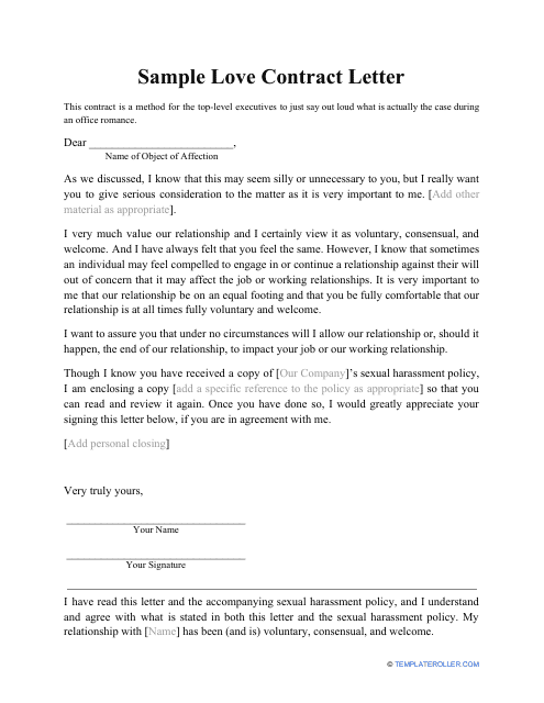 Sample &quot;Love Contract Letter&quot; Download Pdf