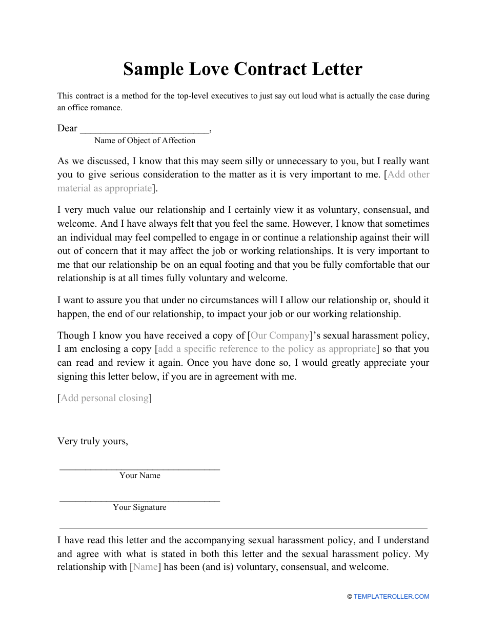 Sample Love Contract Letter, Page 1
