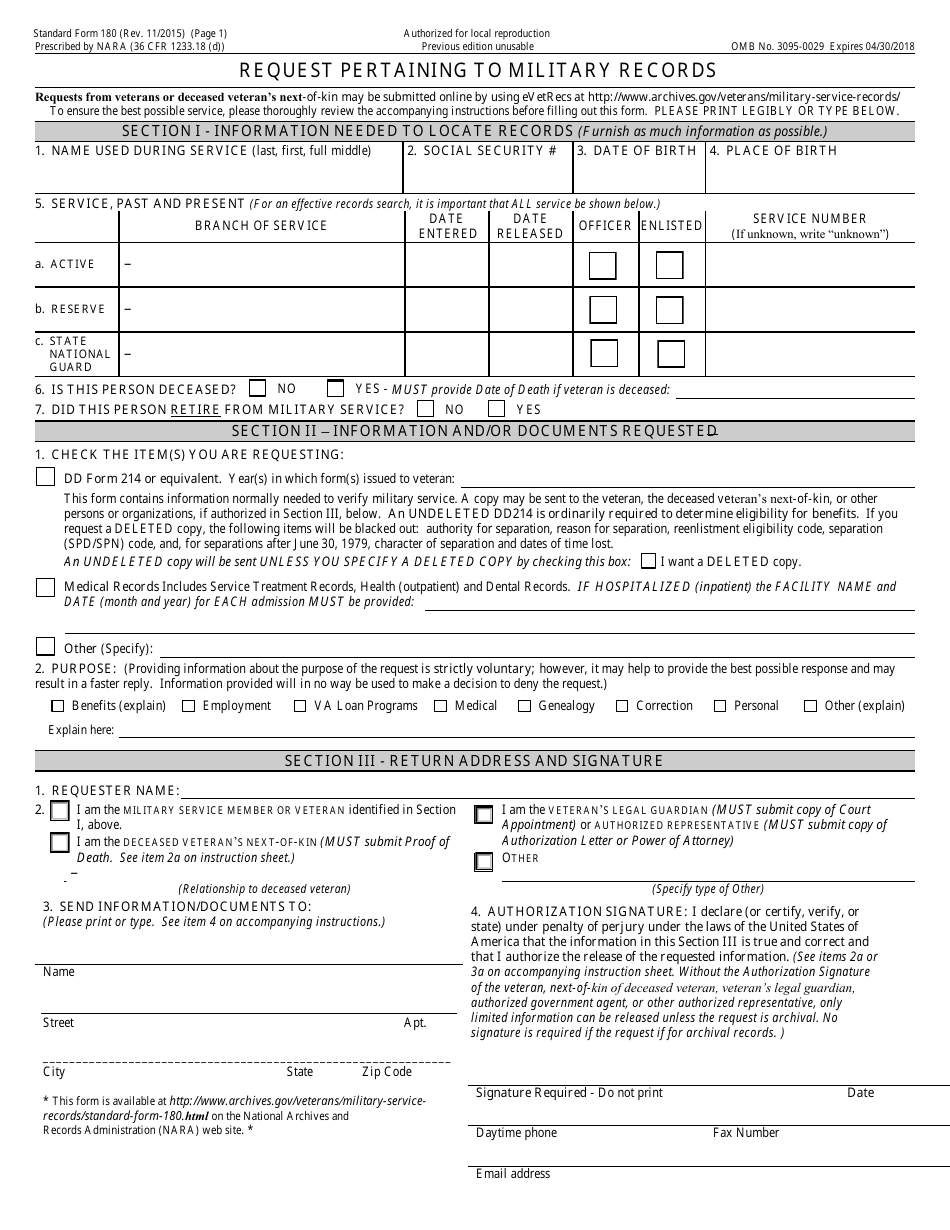 Form SF-180 - Fill Out, Sign Online and Download Fillable PDF ...