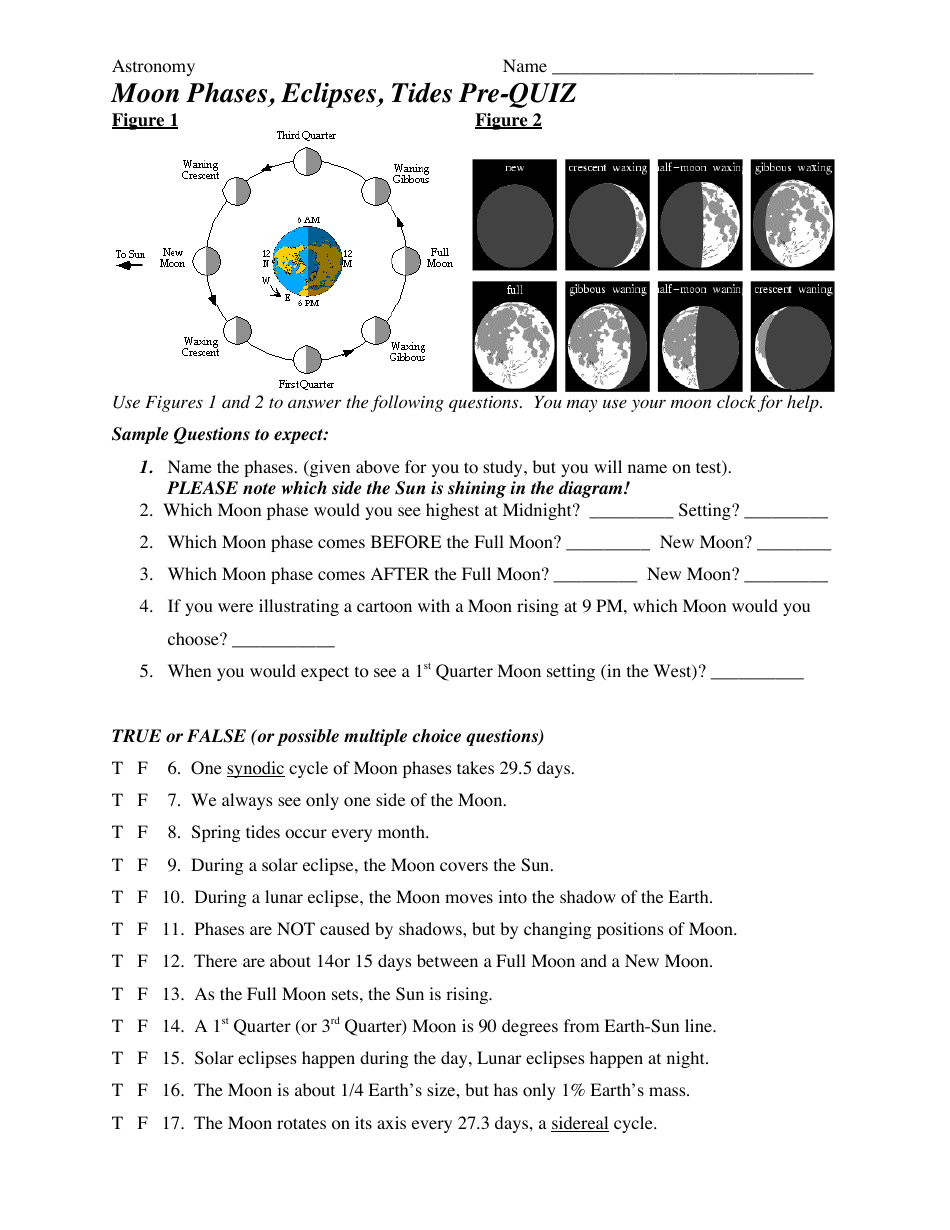 Moon Phases, Eclipses, Tides Pre-quiz Worksheet Preview