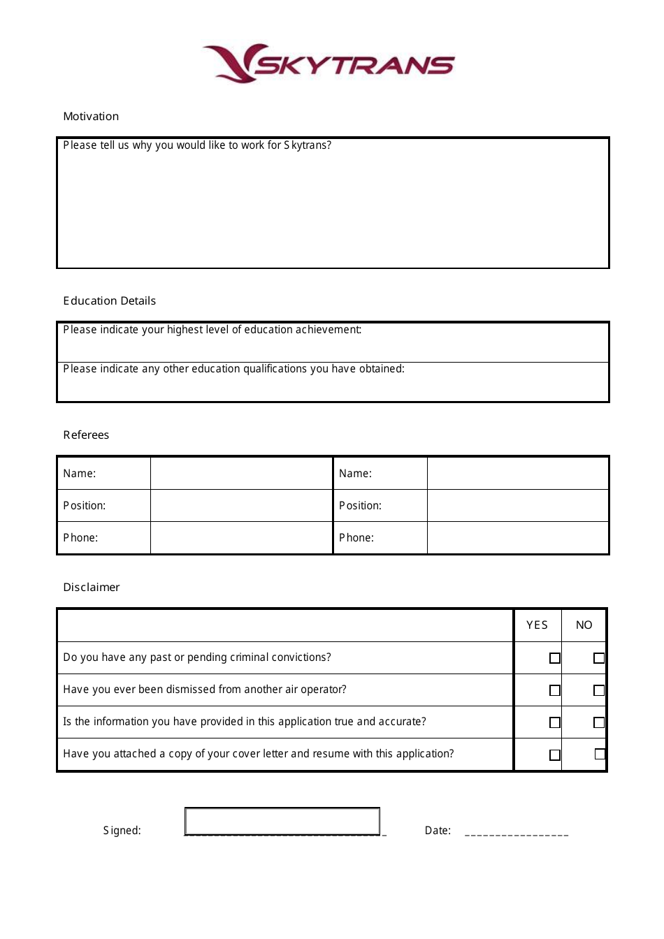 Pilot Recruitment Application Form - Skytrans, Page 3