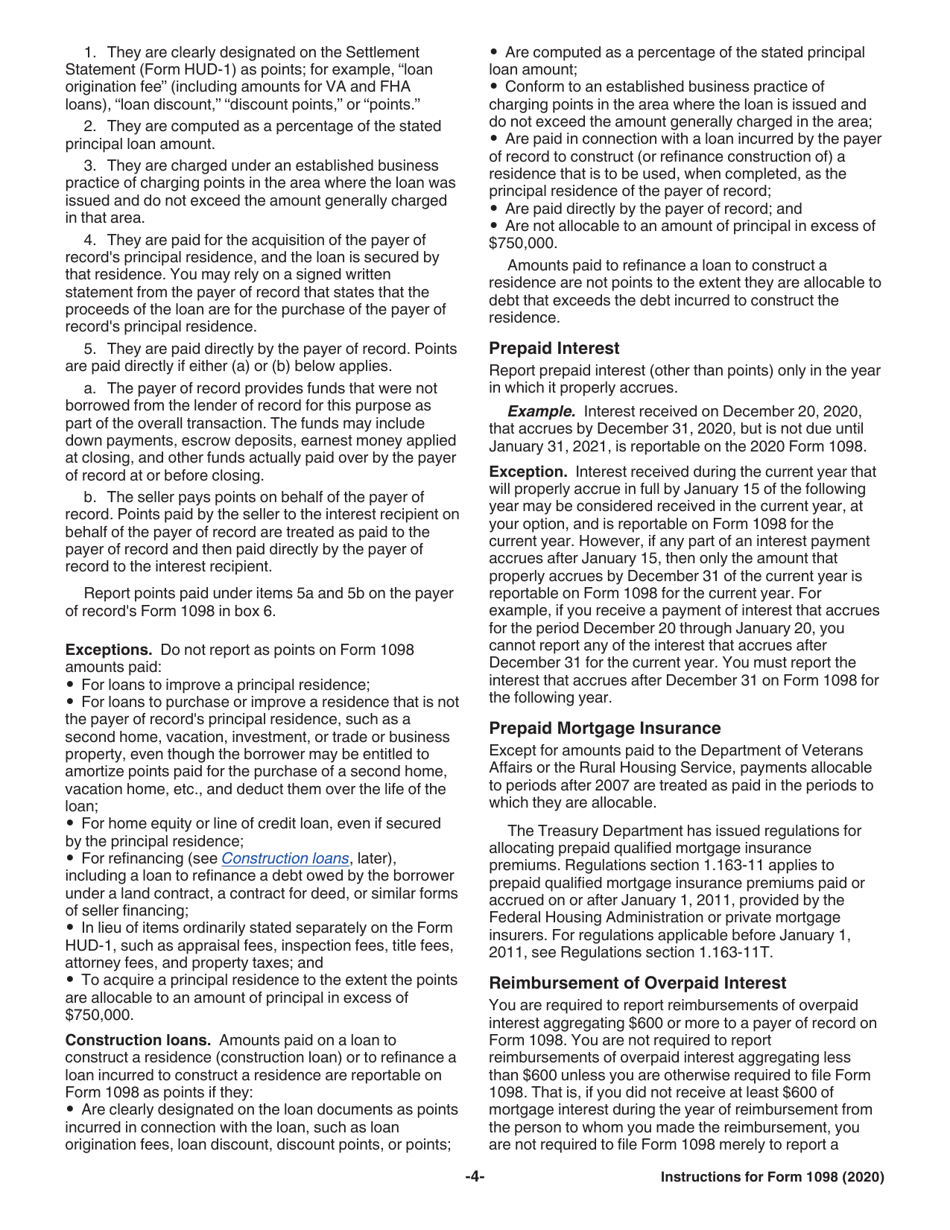 Instructions for IRS Form 1098 Mortgage Interest Statement, Page 4