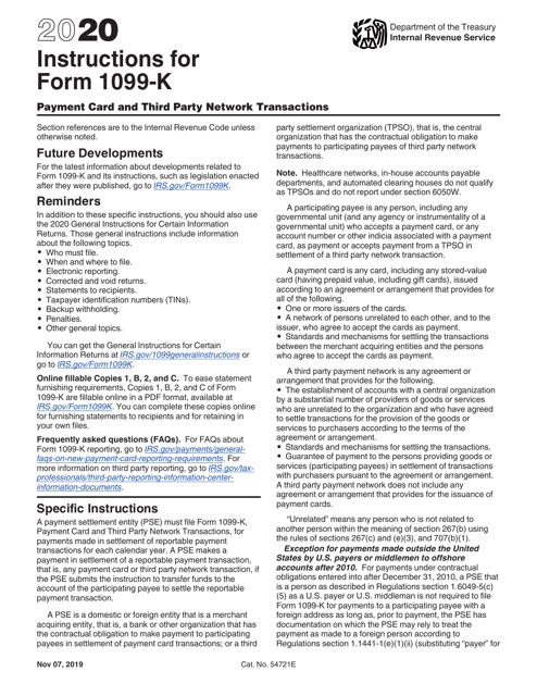 IRS Form 1099-K 2020 Printable Pdf