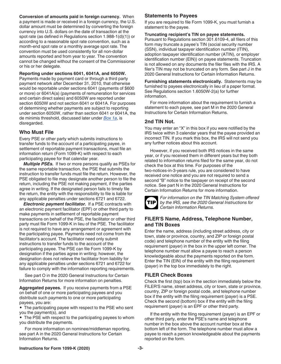Instructions for IRS Form 1099-K Payment Card and Third Party Network Transactions, Page 3