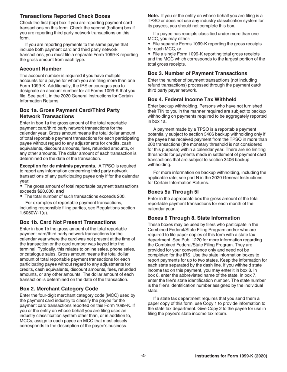 Instructions for IRS Form 1099-K Payment Card and Third Party Network Transactions, Page 4