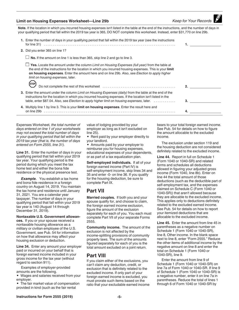 Download Instructions for IRS Form 2555 Foreign Earned Income PDF, 2019 ...