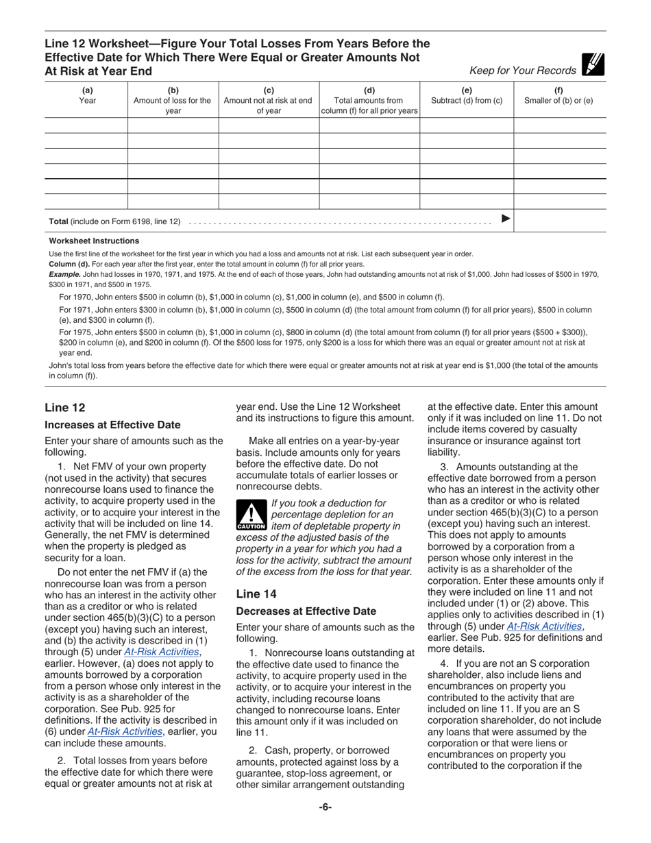 Download Instructions for IRS Form 6198 At-Risk Limitations PDF 2009 ...