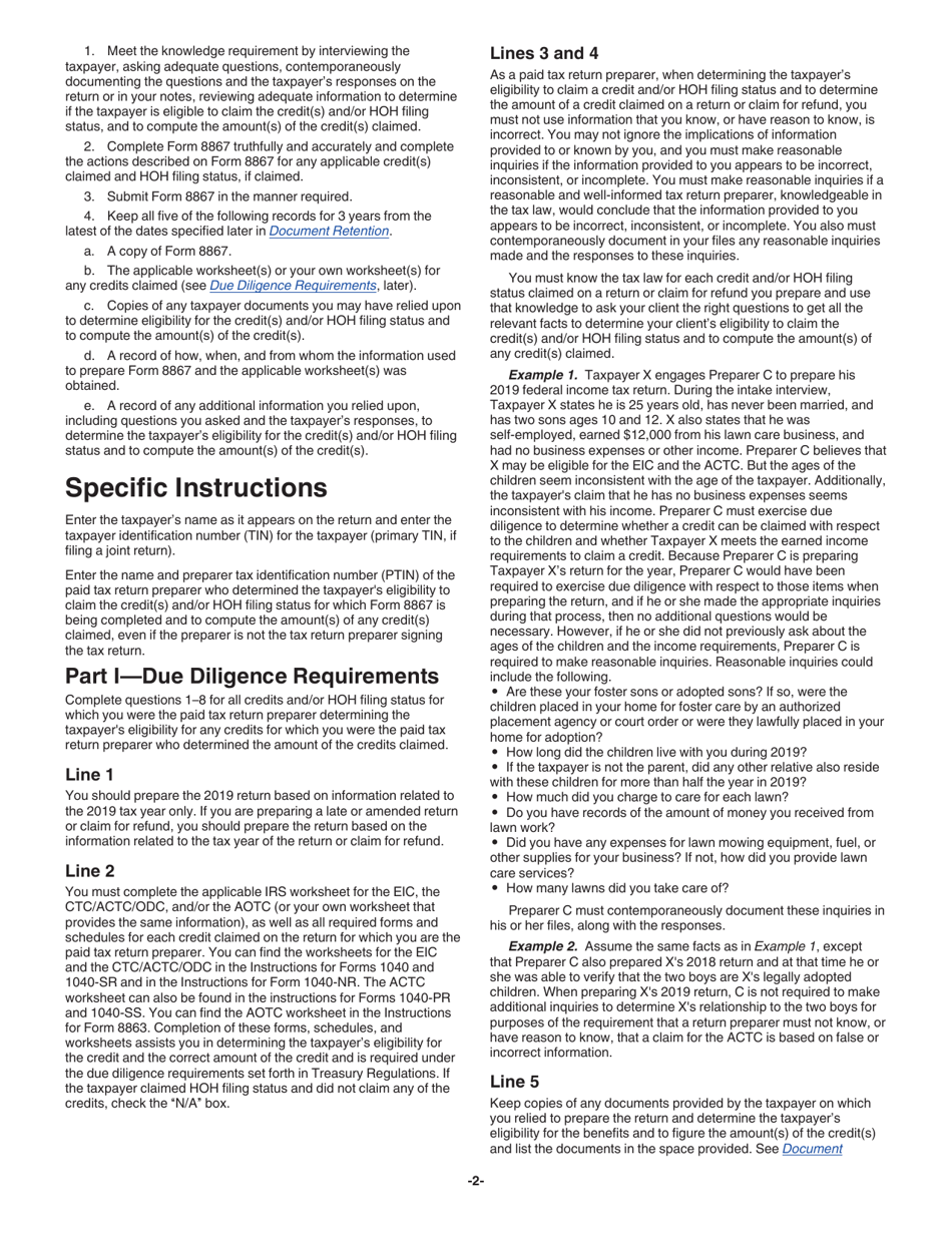 Instructions for IRS Form 8867 Paid Preparers Due Diligence Checklist for the Earned Income Credit, American Opportunity Tax Credit, Child Tax Credit (Including the Additional Child Tax Credit and Credit for Other Dependents), and / or Head of Household Filing Status, Page 2