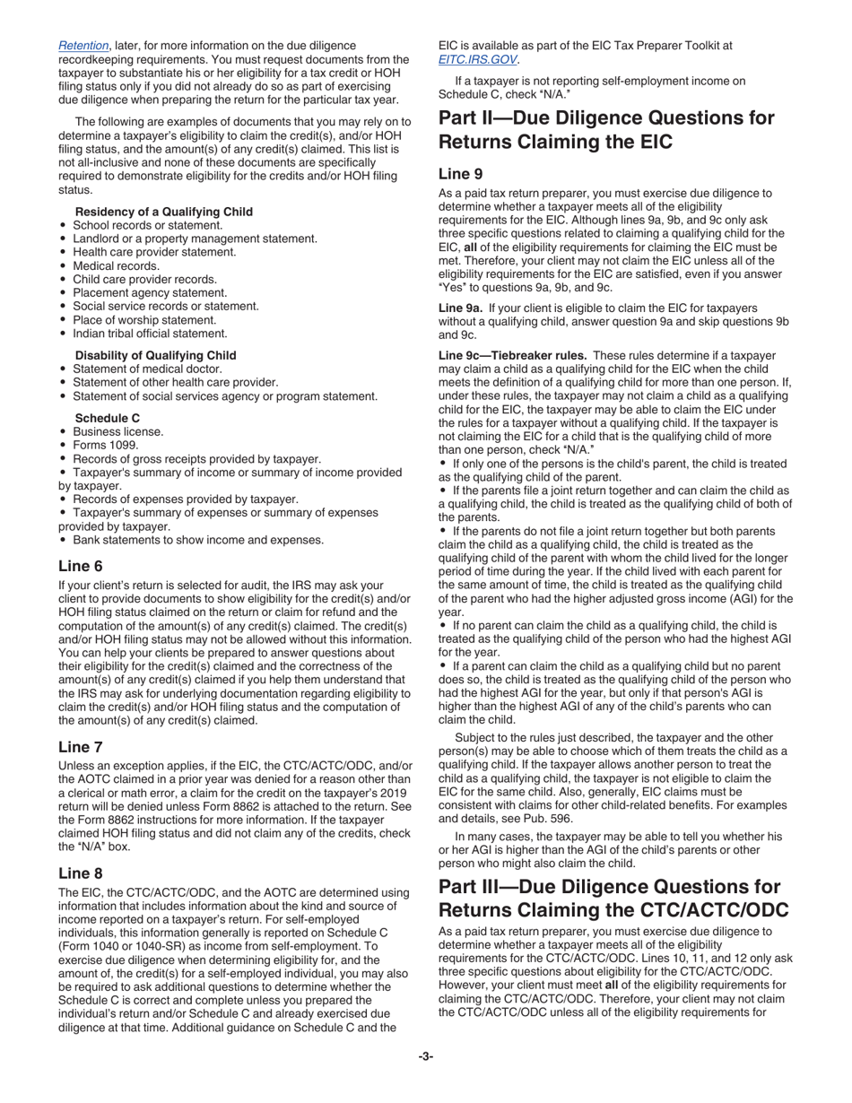 Instructions for IRS Form 8867 Paid Preparers Due Diligence Checklist for the Earned Income Credit, American Opportunity Tax Credit, Child Tax Credit (Including the Additional Child Tax Credit and Credit for Other Dependents), and / or Head of Household Filing Status, Page 3