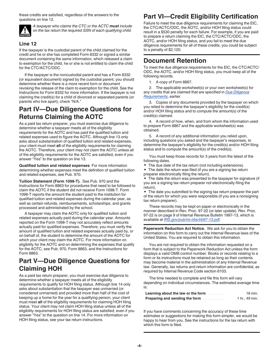 Instructions for IRS Form 8867 Paid Preparers Due Diligence Checklist for the Earned Income Credit, American Opportunity Tax Credit, Child Tax Credit (Including the Additional Child Tax Credit and Credit for Other Dependents), and / or Head of Household Filing Status, Page 4
