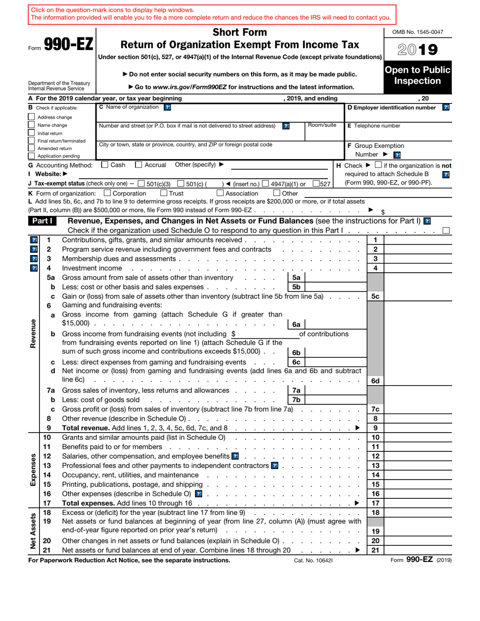 IRS Form 990-EZ Short Form Return of Organization Exempt From Income Tax, Page 1