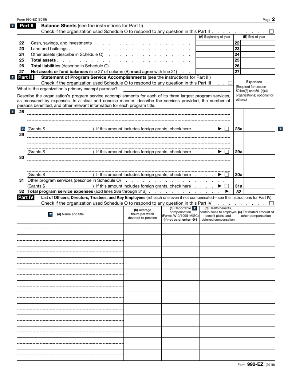 IRS Form 990-EZ Short Form Return of Organization Exempt From Income Tax, Page 2