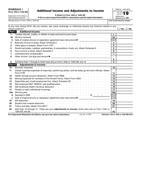 IRS Form 1040 (1040-SR) Schedule 1 2019 Printable Pdf