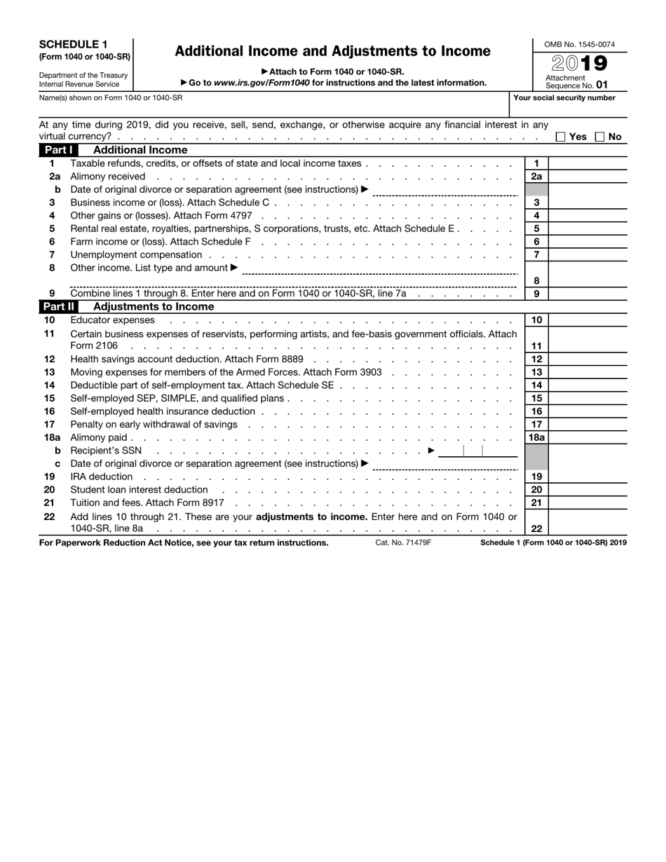 IRS Form 1040 1040 SR Schedule 1 2019 Fill Out Sign Online And