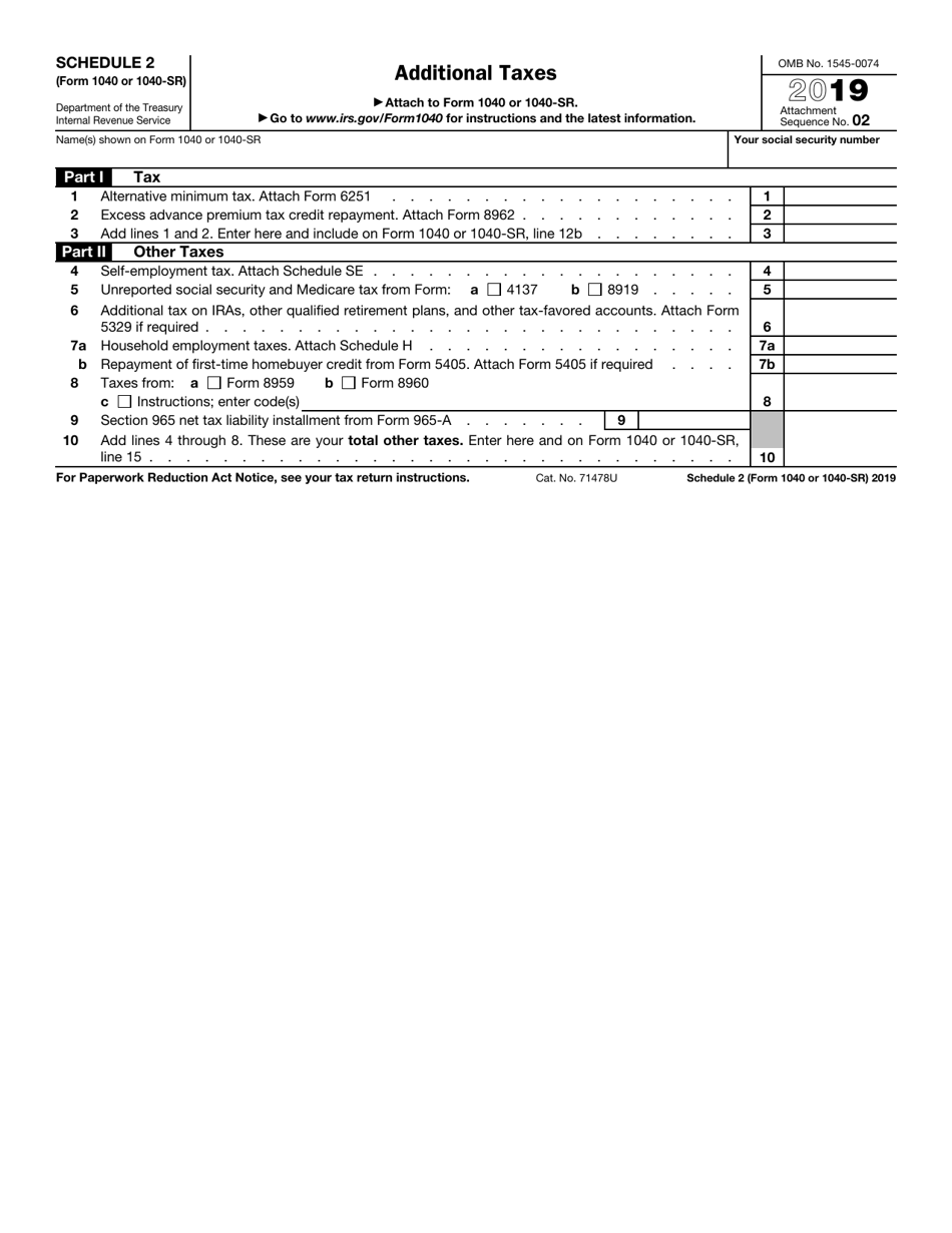 IRS Form 1040 (1040-SR) Schedule 2 Additional Taxes, Page 1