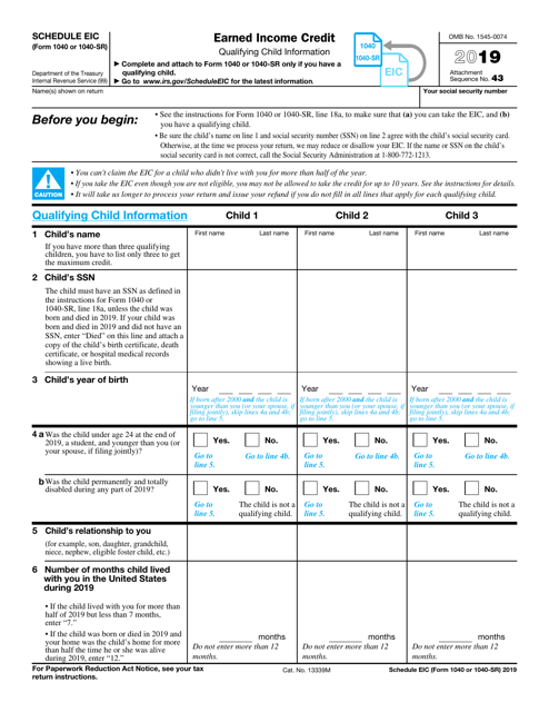 IRS Form 1040 (1040-SR) Schedule EIC 2019 Printable Pdf