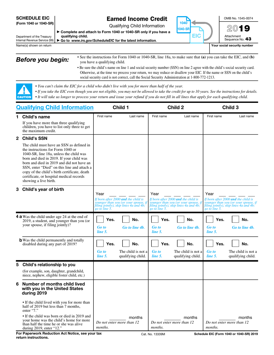 IRS Form 1040 (1040-SR) Schedule EIC Earned Income Credit, Page 1