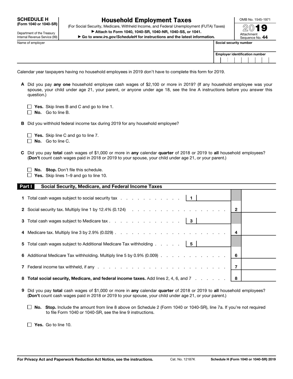 IRS Form 1040 (1040-SR) Schedule H Household Employment Taxes, Page 1