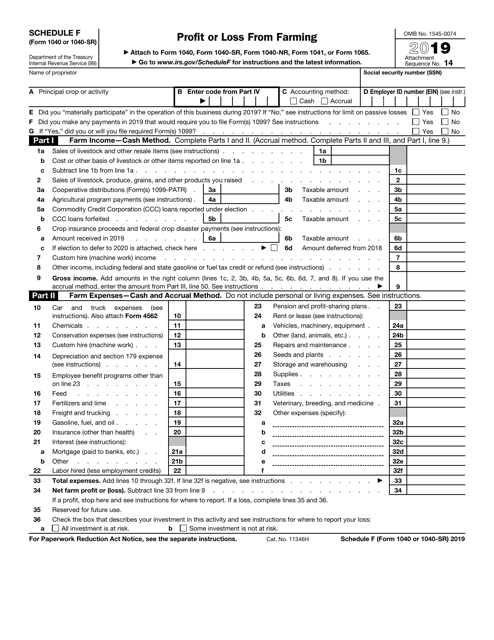 IRS Form 1040 (1040-SR) Schedule F 2019 Printable Pdf