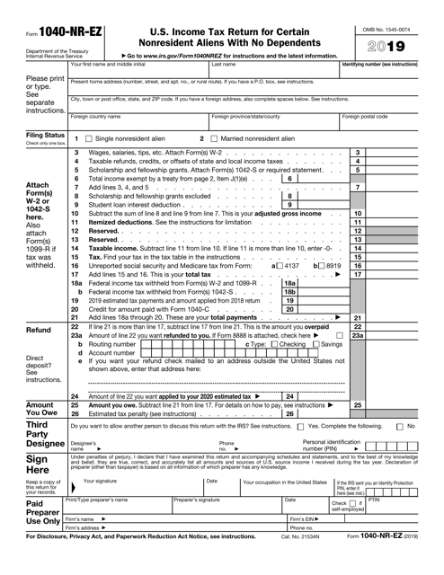 IRS Form 1040-NR-EZ 2019 Printable Pdf