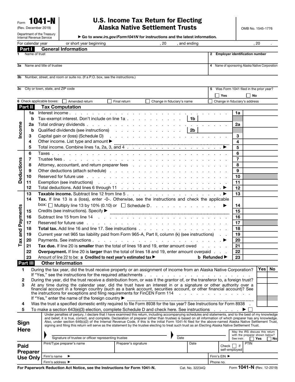 IRS Form 1041-N U.S. Income Tax Return for Electing Alaska Native Settlement Trusts, Page 1