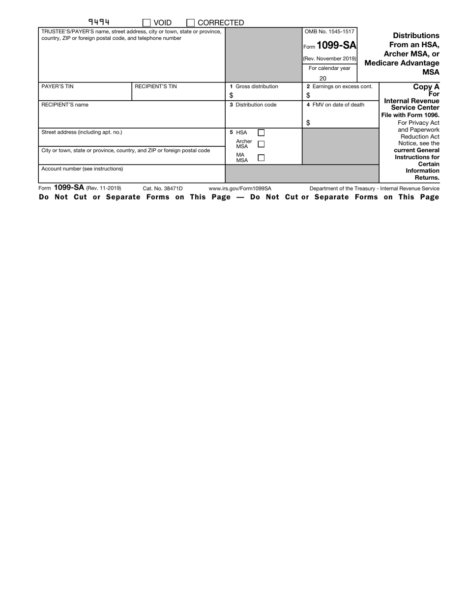 IRS Form 1099-SA Distributions From an Hsa, Archer Msa, or Medicare Advantage Msa, Page 1