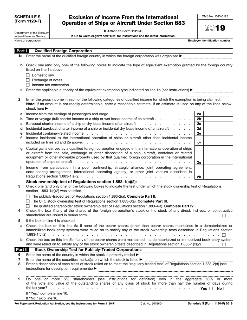 IRS Form 1120-F Schedule S Exclusion of Income From the International Operation of Ships or Aircraft Under Section 883, Page 1