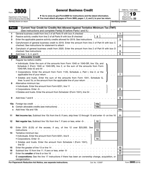 IRS Form 3800 2019 Printable Pdf