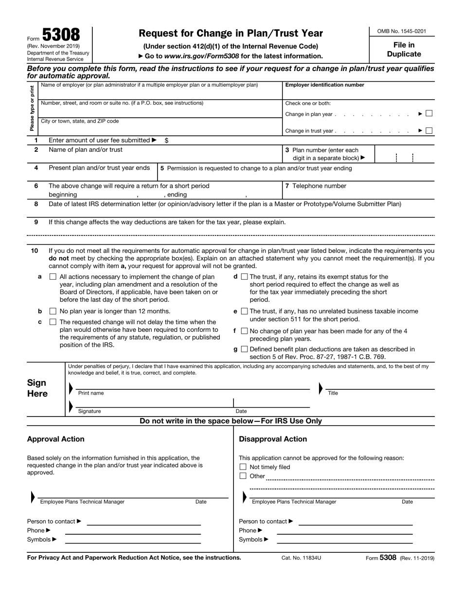 IRS Form 5308 Request for Change in Plan / Trust Year, Page 1