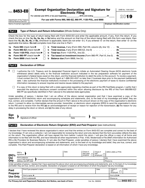 IRS Form 8453-E0 Exempt Organization Declaration and Signature for Electronic Filing, 2019
