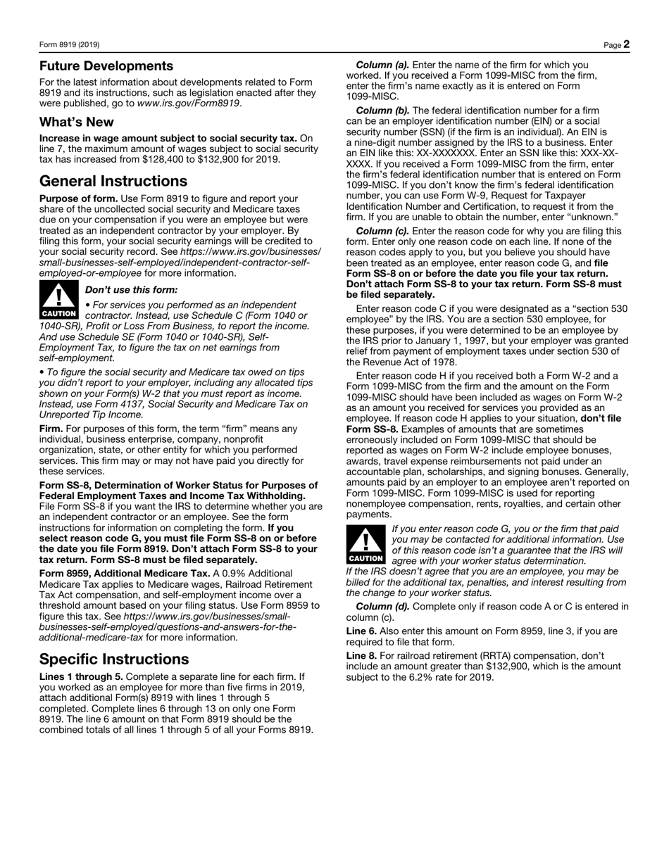 IRS Form 8919 Uncollected Social Security and Medicare Tax on Wages, Page 2