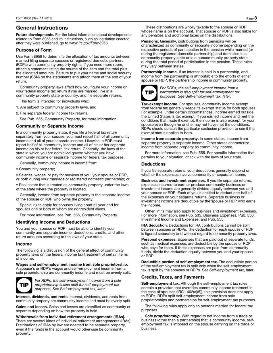 IRS Form 8958 Allocation of Tax Amounts Between Certain Individuals in Community Property States, Page 3