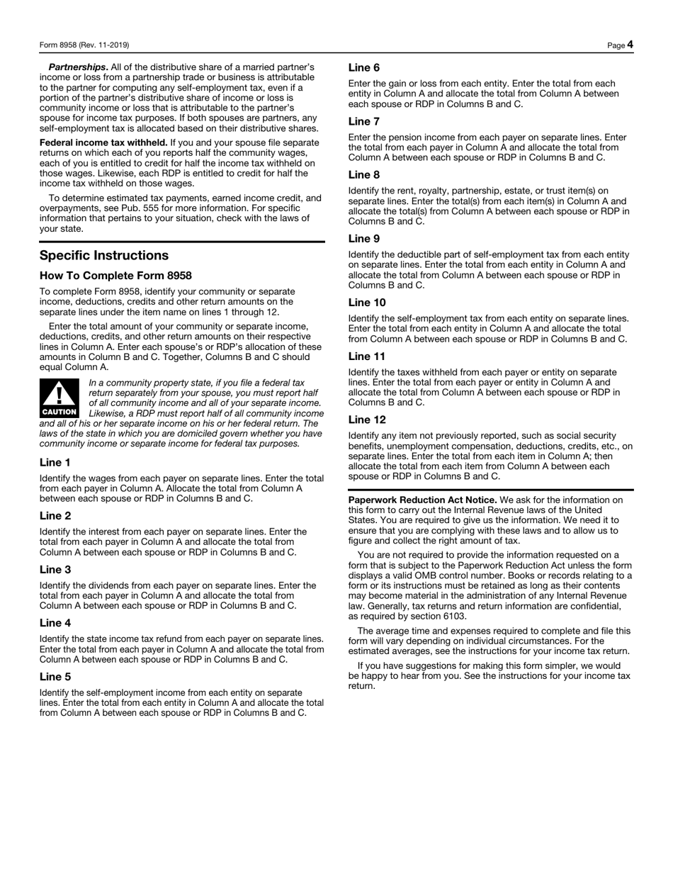 IRS Form 8958 Allocation of Tax Amounts Between Certain Individuals in Community Property States, Page 4