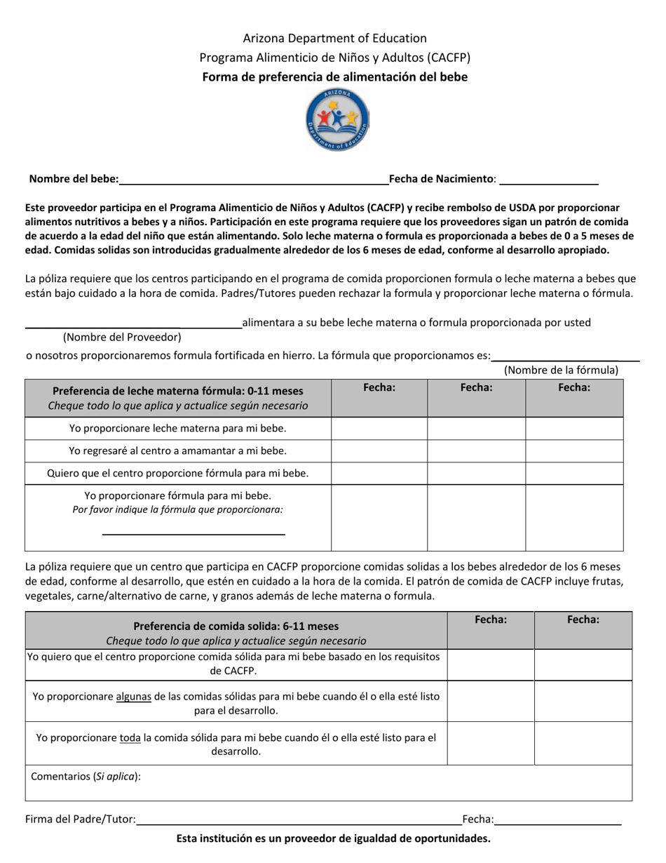 Forma De Preferencia De Alimentacion Del Bebe - Arizona (Spanish), Page 1