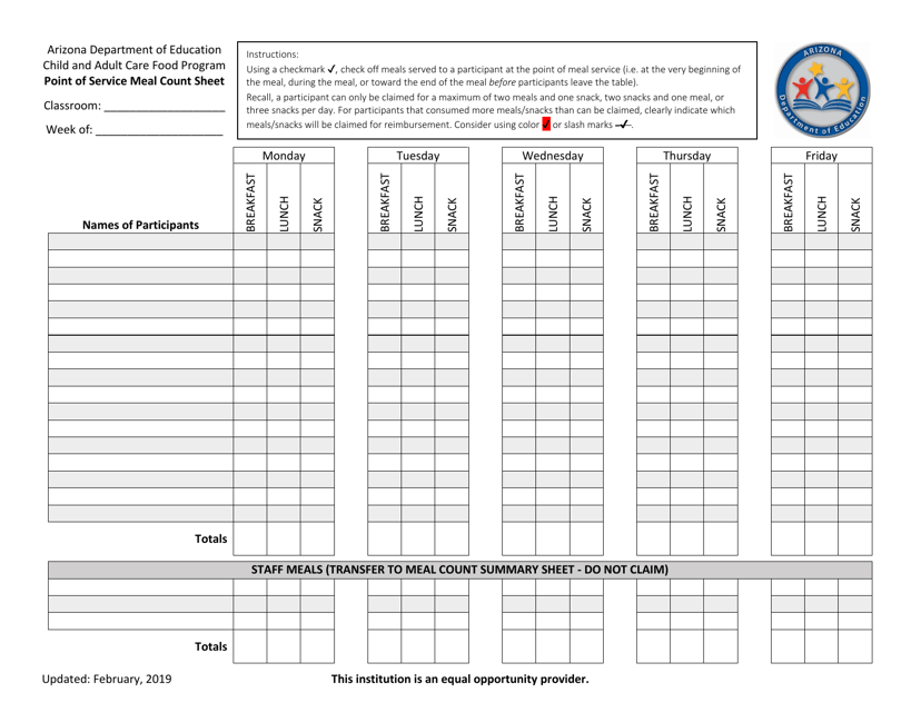 Point of Service Meal Count Sheet - 5-days: Breakfast, Lunch, Snack - Arizona