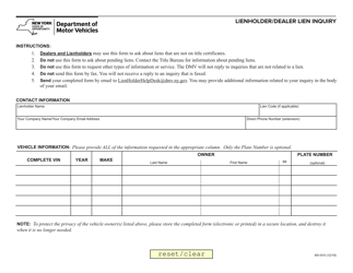 Document preview: Form MV-910 Lienholder/Dealer Lien Inquiry - New York