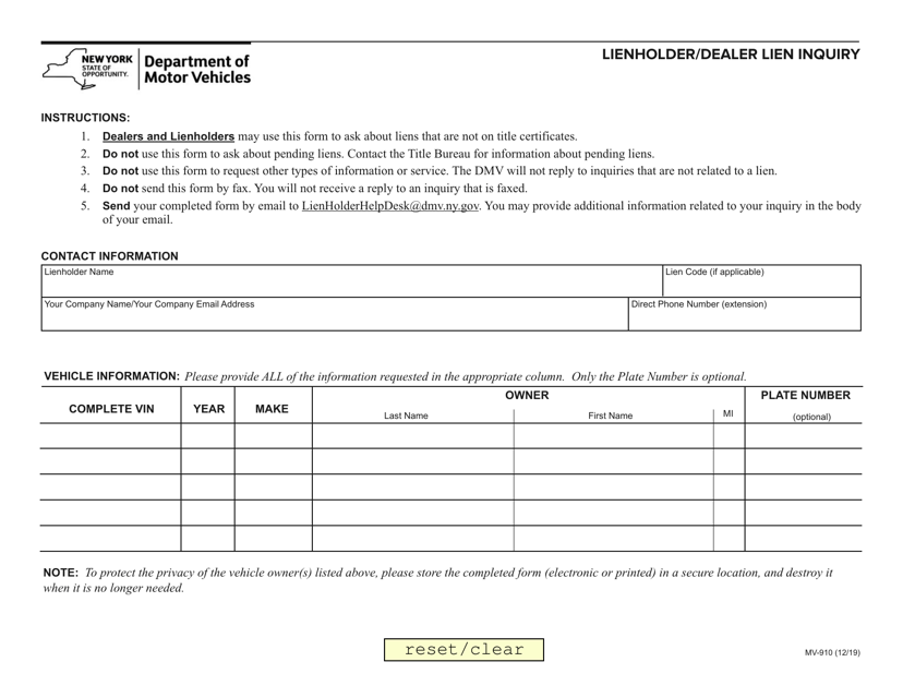 Form MV-910 Lienholder/Dealer Lien Inquiry - New York