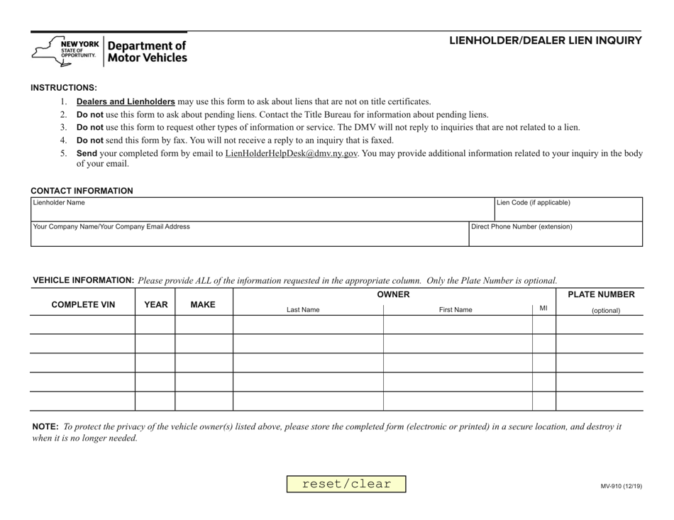 Form MV-910 Lienholder / Dealer Lien Inquiry - New York, Page 1