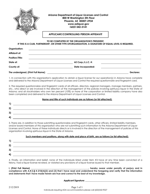Arizona Applicant/Controlling Person Affidavit Download Fillable PDF ...