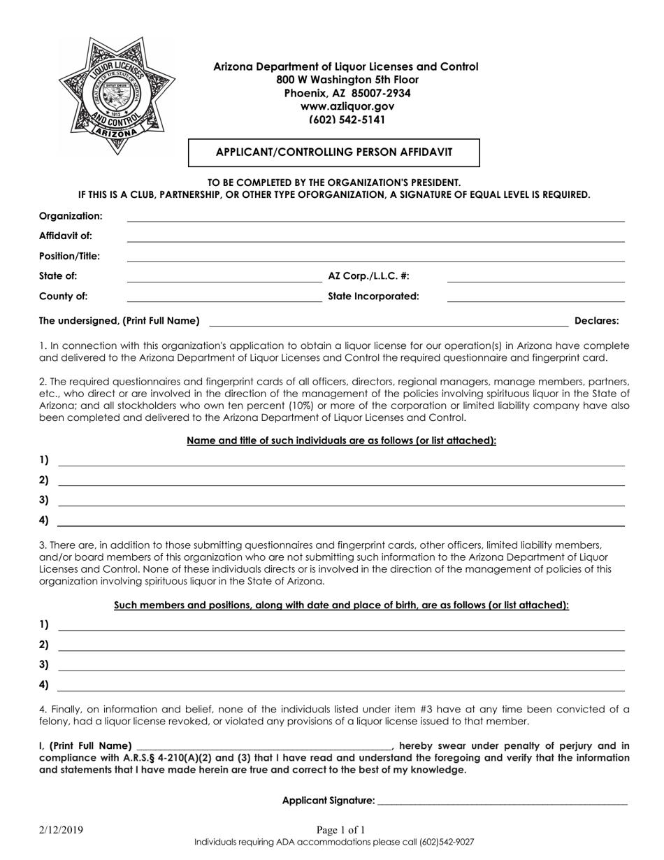 Arizona Applicant/Controlling Person Affidavit Download Fillable PDF
