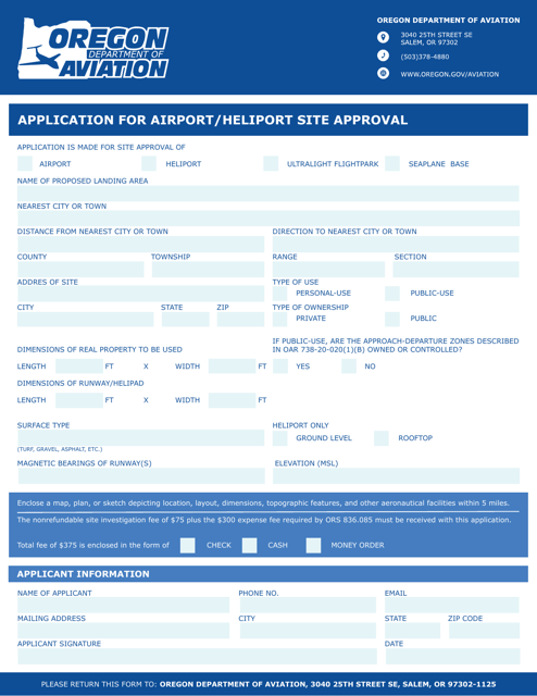 Application for Airport / Heliport Site Approval - Oregon Download Pdf